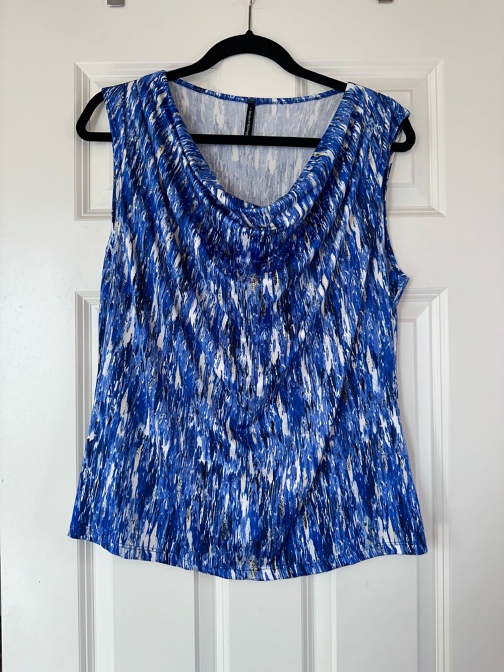 Bleeker & McDougal Blue Abstract Cowl Neck Sleeveless Top Sz L